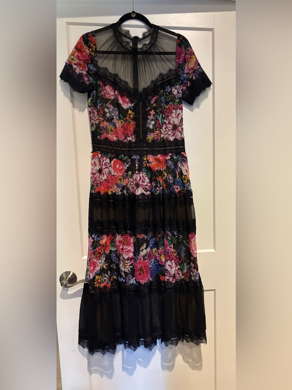 Tadashi Shoji Black Floral Lace Midi Dress with Sheer Yoke and Tiered Skirt